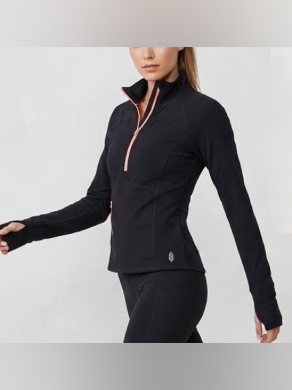 FP Movement by Free People Black Half-Zip Pullover Top with Coral/Pink Trim SZ L